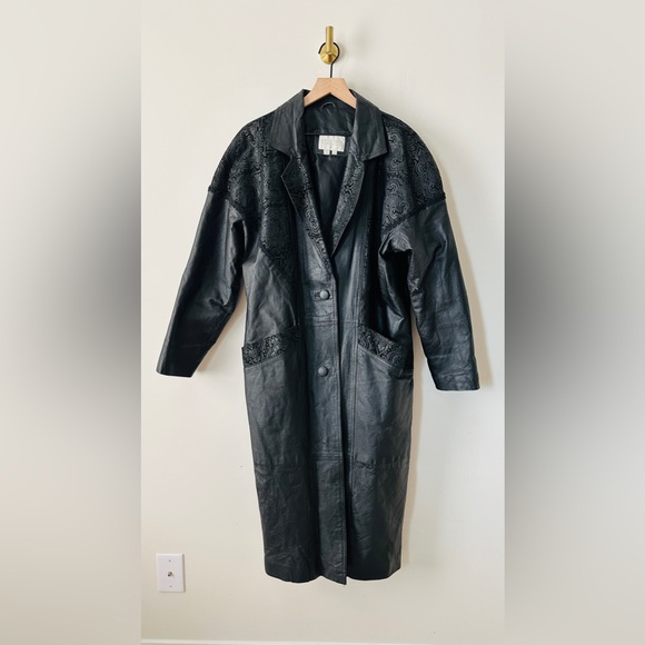 Vintage Black Contrasting Paisley Leather Panels Trench Jacket By: Studio C Sz L - Picture 6 of 12